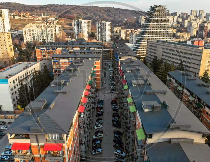 Aerial View Of High Buildings In Saburtalo District In Tbilisi, Georgia. Property Real Estate Banner Caucasus