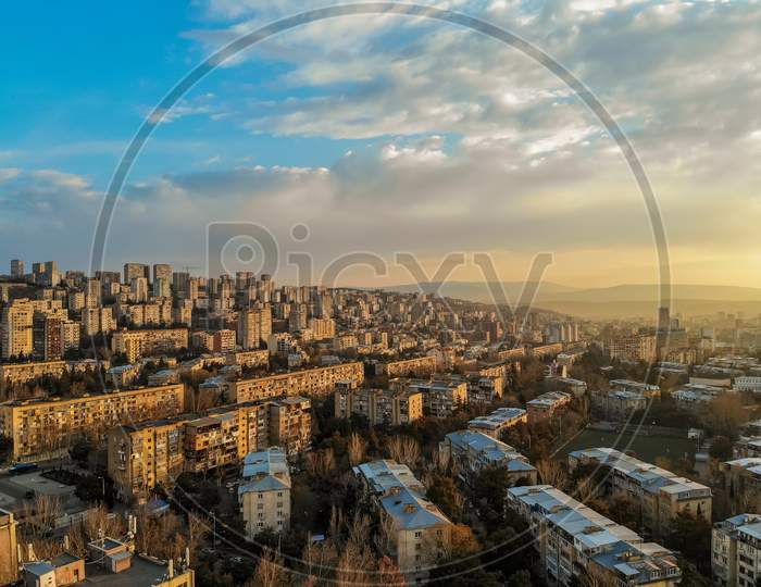 Aerial View Of High Buildings In Saburtalo District In Tbilisi, Georgia. Property Real Estate Banner Caucasus