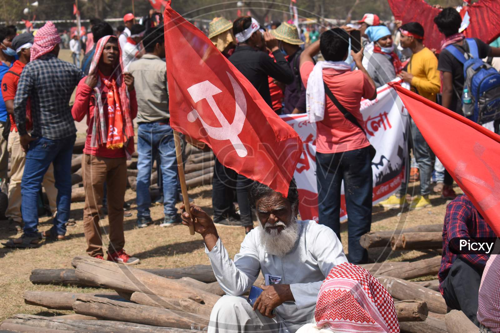 Left Supporters holding Red communist flags crowd the Kolkata Maidan as the united opposition in west bengal gears for historic mega rally ahead of west bengal elections