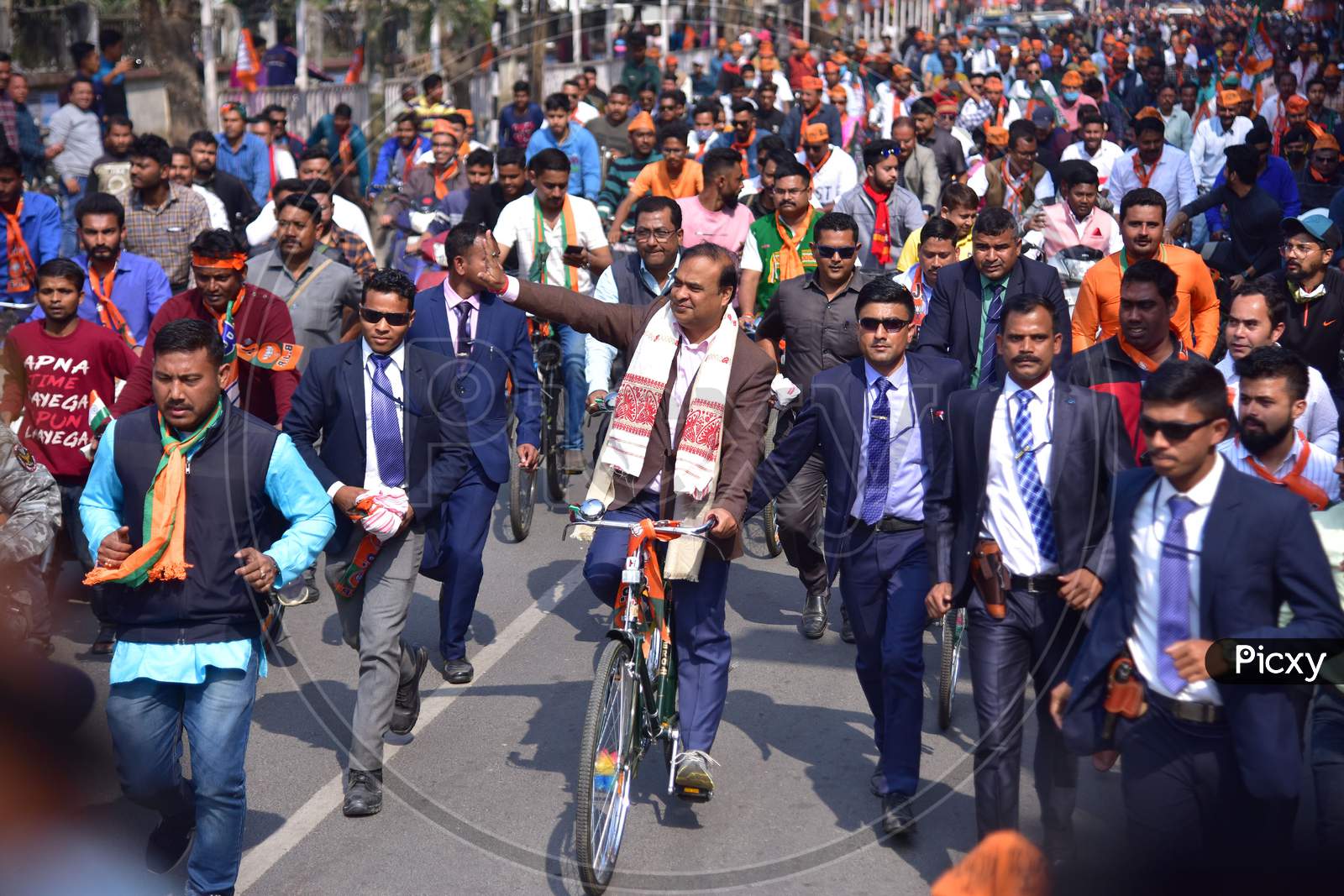 orth East Democratic Alliance (NEDA) convenor and Assam health, finance, education minister Dr. Himanta Biswa Sarma took part in a mega bicycle rally in Nagaon District of Assam on Feb 3,202