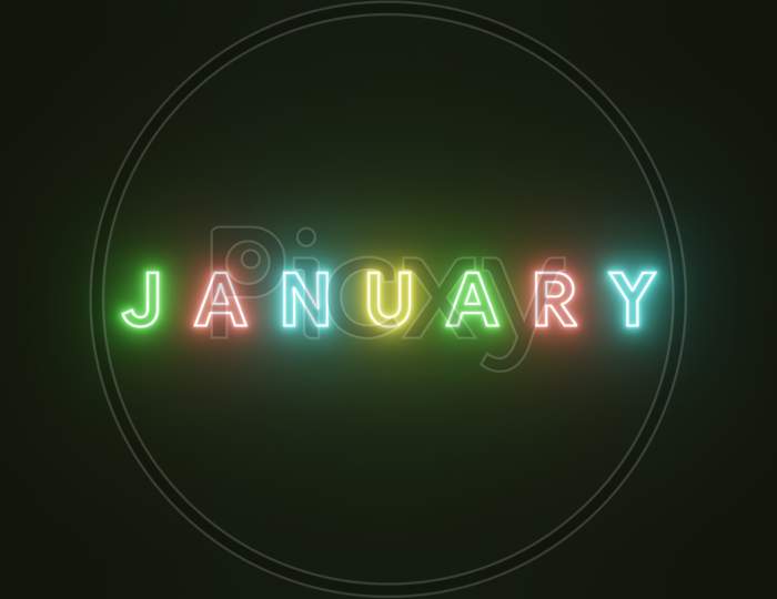 January Text Neon Light Colorful On Black Background . 3d illustration rendering . Neon Symbol For January