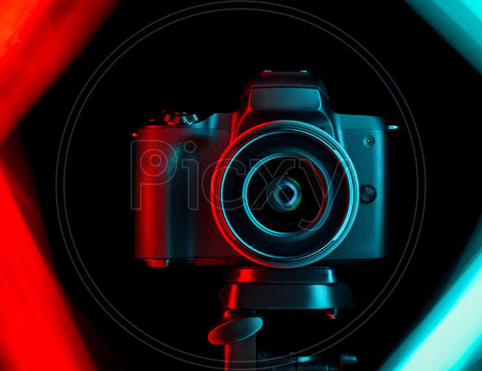 Product photography of camera using light painting