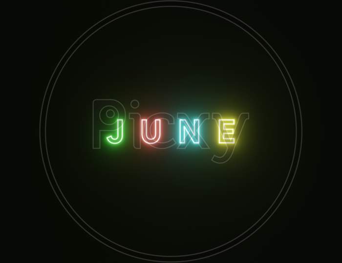 June Text Neon Light Colorful On Black Background . 3d illustration rendering . Neon Symbol For June