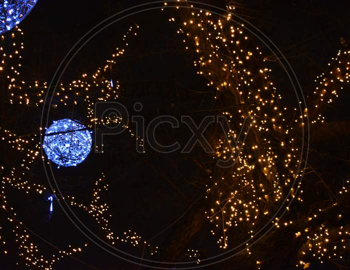 New Year's, festive decoration of a winter tree is gold LED, yellow luminous diodes, light bulbs. Colorful garlands are located on tree branches and large networked balls of white light bulbs.