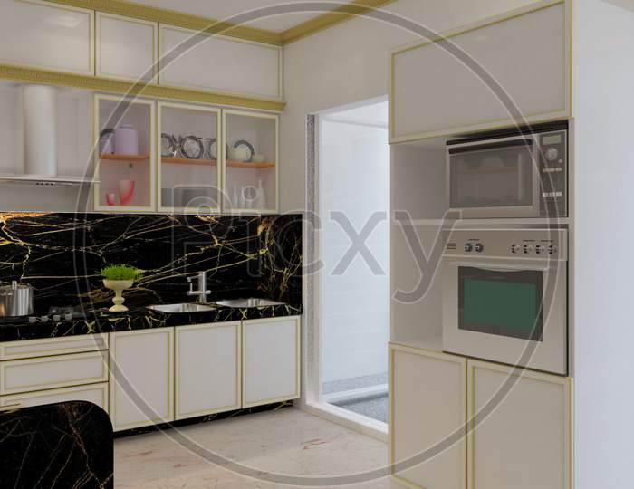 3D Render Illustration Classic Style Kitchen. White, Black And Gold Theme Classic Kitchen.