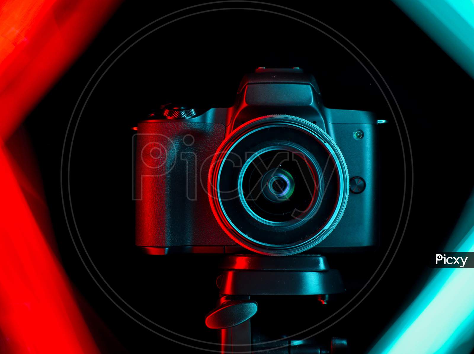 Product photography of camera using light painting