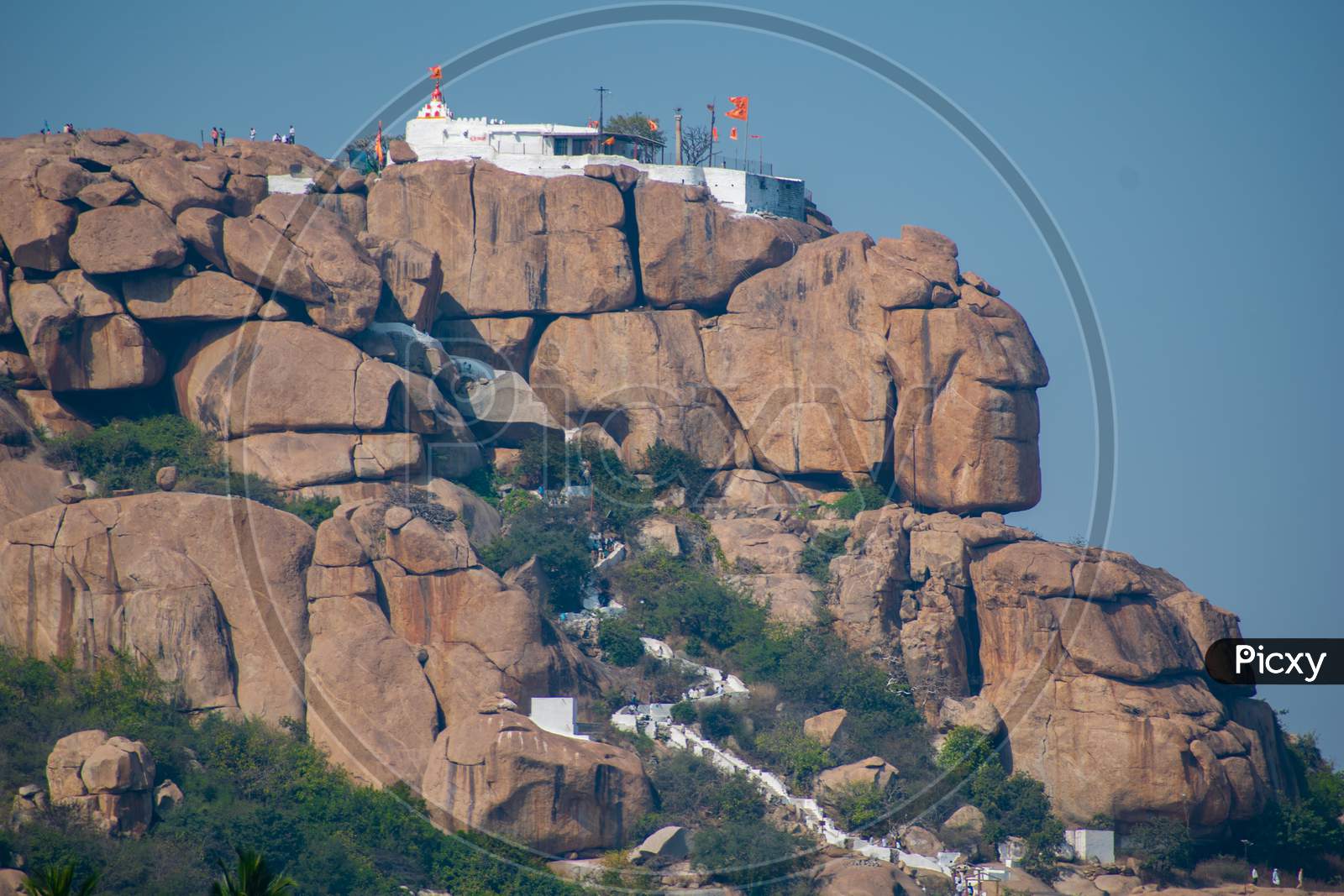 VIEW OF Anjaneya Hill, Kishkinda, birthplace of Lord Hanuman, UNESCO HERITAGE SITE, HAMPI, KARNATAKA.