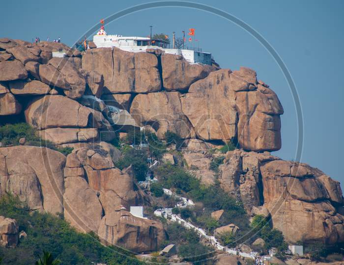 VIEW OF Anjaneya Hill, Kishkinda, birthplace of Lord Hanuman, UNESCO HERITAGE SITE, HAMPI, KARNATAKA.