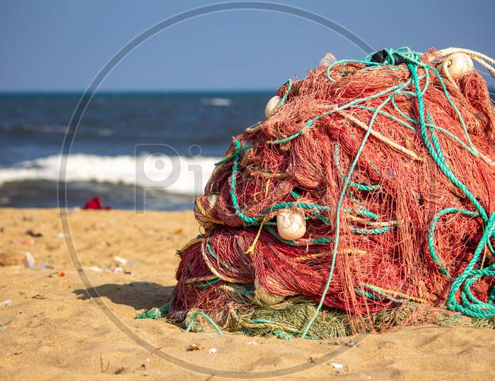 View Of Fishing Nets Used By Fishermen Ready For Use, Kovalam Beach, Chennai