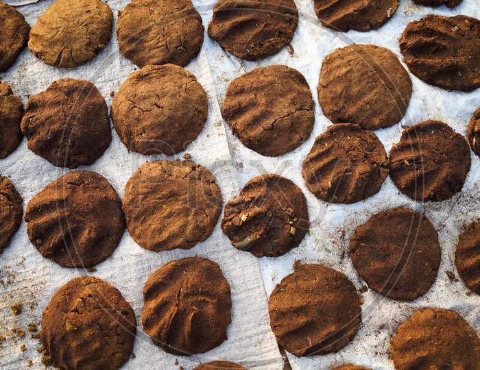Attractive Art Of Cow Dung Cakes For Sacred Festivals. Organic Cow Dung Uses As Kitchen Fuel With Zero Carbon Emission.