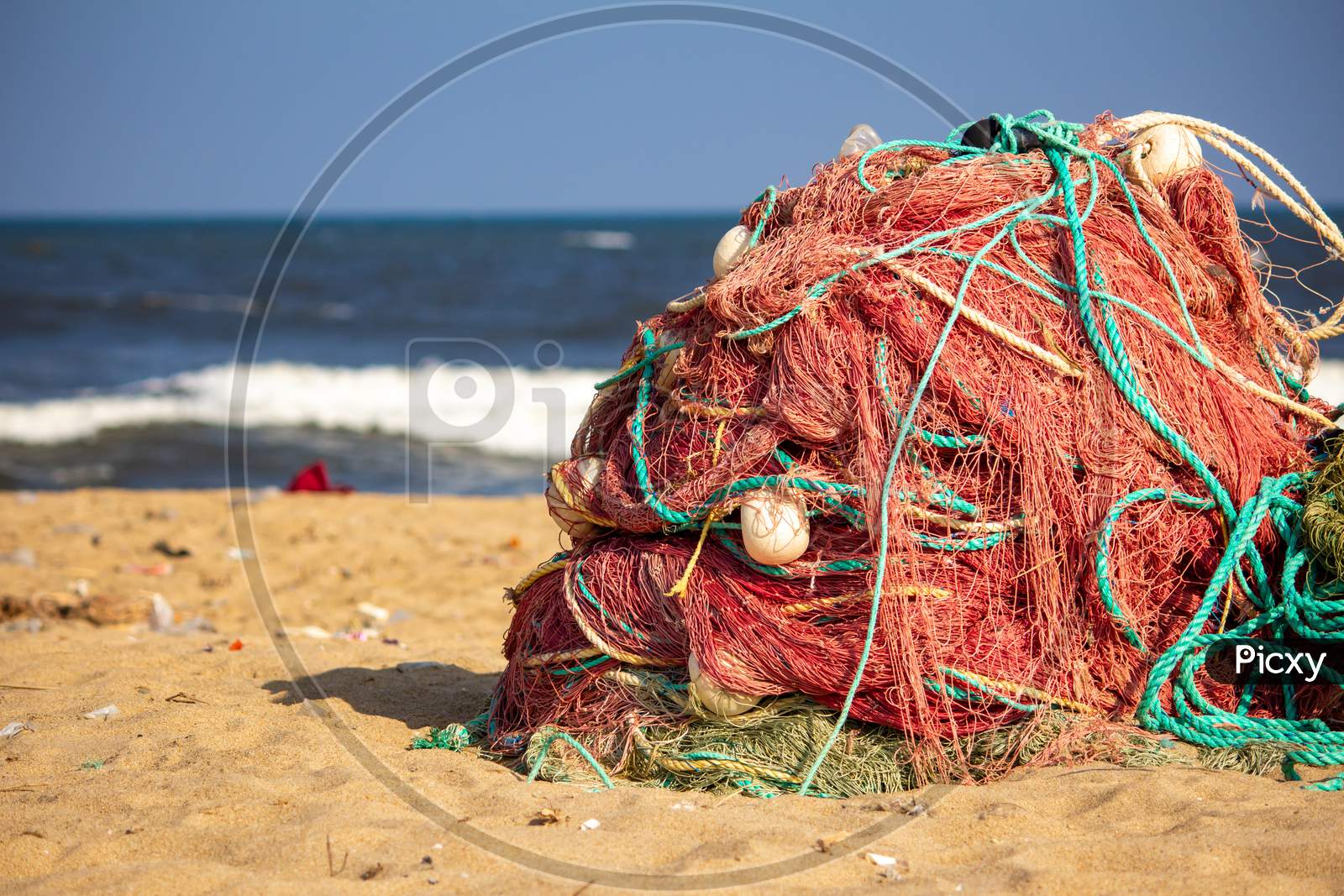 Image of View Of Fishing Nets Used By Fishermen Ready For Use, Kovalam  Beach, Chennai-EH198045-Picxy
