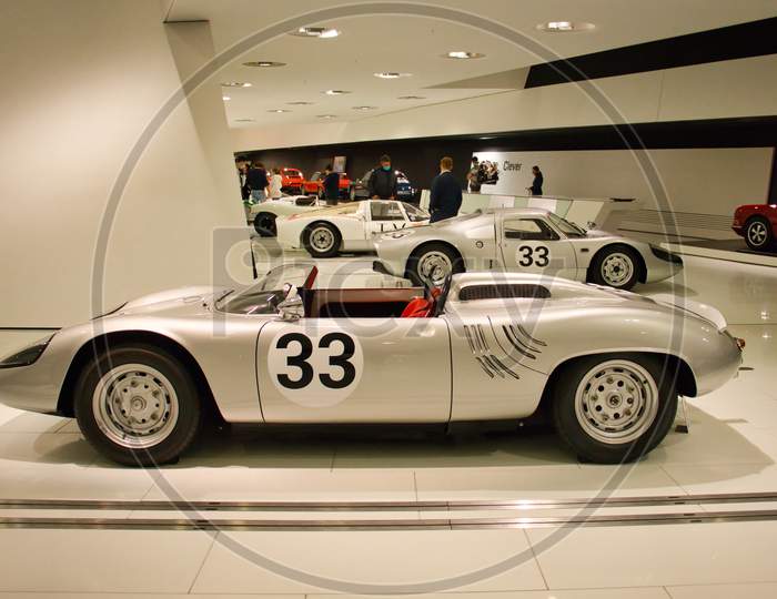 Vintage Porsche Racing Car In The Porsche Museum In Stuttgart, Germany.