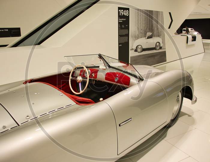 Vintage Car Displayed In The Porsche Museum In Stuttgart, Germany.