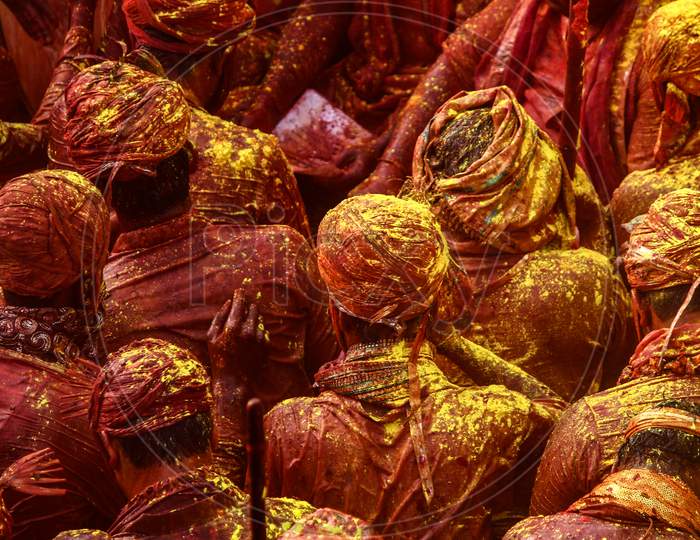 Barsana, Uttar Pradesh, India February 6 2021: People Celebrate The Traditional And A Ritualistic Holi At Radharani Temple In Barsana. Holi Is The Most Celebrated And Colorful Festival In India.