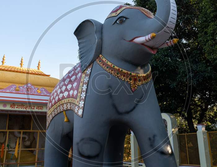 Statue of Blue Elephant with decoration in a Hindu Temple at Rameshwar Temple