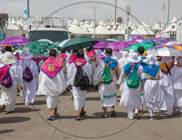 Hajj Pilgrims Walking, Day Time, Performing Hajj, Mina, Makkah, Saudi Arabia, August 2019