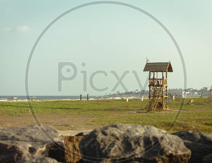 View Of Watchtower For Observation Along The Kovalam Beach, Chennai, India