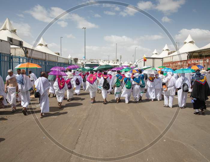 Hajj Pilgrims Walking, Day Time, Performing Hajj, Mina, Makkah, Saudi Arabia, August 2019