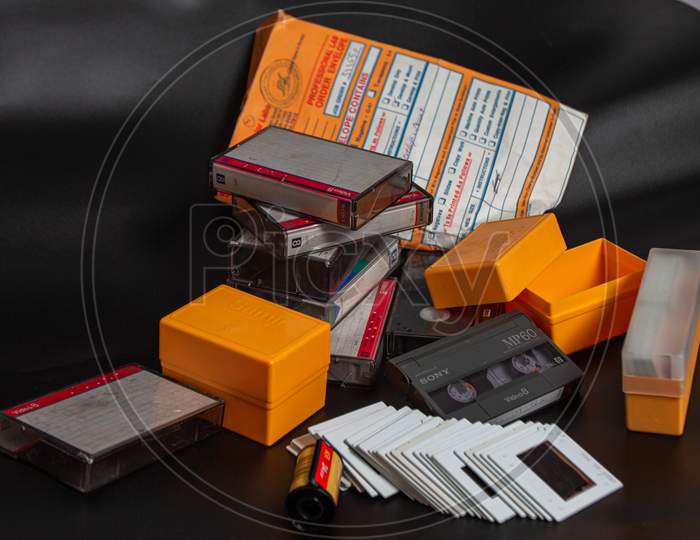 Old Media Stuffs, Old Video Cassette, Old Film Reel,Negative Photo Reel, Photo Cartridges For Photo Projector, Vintage Shooting Age, India, Bangalore, 2020
