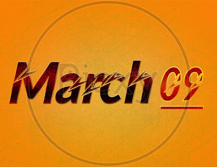 09 March, Monthly Calendar On Yellow Backgrand