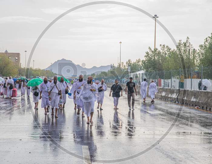 Rainy Day In Arafat,Hajj, Pilgrims Performing Hajj, Islam, Makkah, Saudi Arabia, August 2019