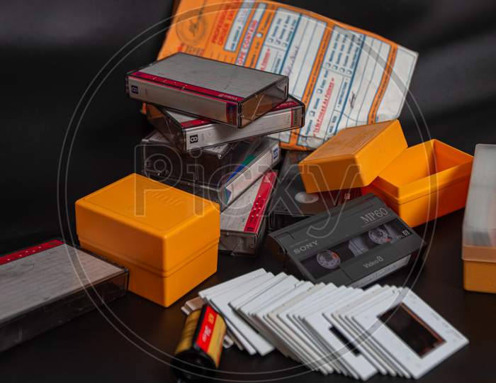 Old Media Stuffs, Old Video Cassette, Old Film Reel,Negative Photo Reel, Photo Cartridges For Photo Projector, Vintage Shooting Age, India, Bangalore, 2020