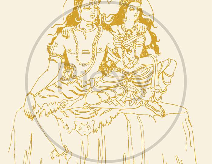 Drawing Or Sketch Of Lord Shiva And Parvati Editable Outline Illustration