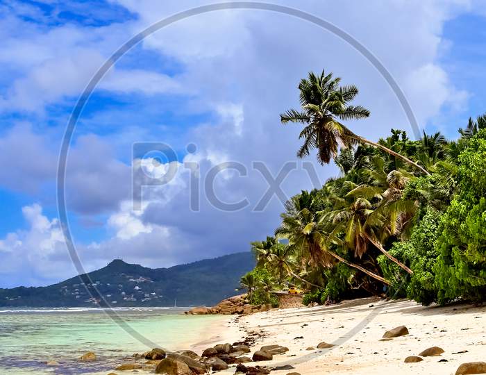 Sunny Day Beach View On The Paradise Islands Seychelles