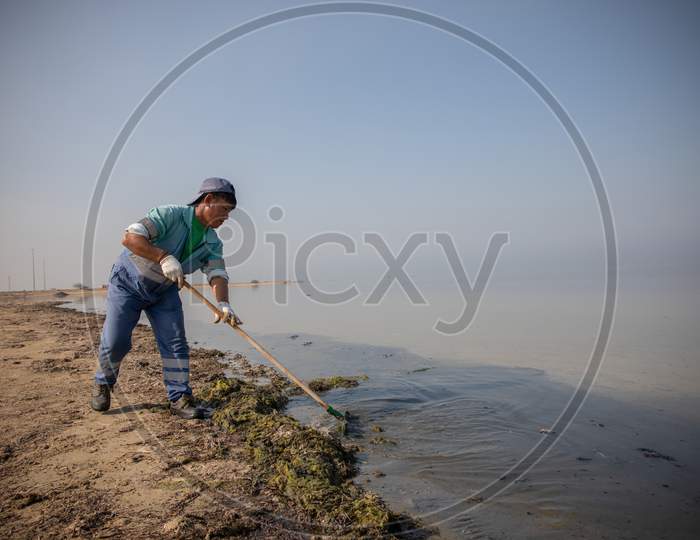 A,Man,Works,To,Clean,The,Beach,Of,Contaminants,Saudi