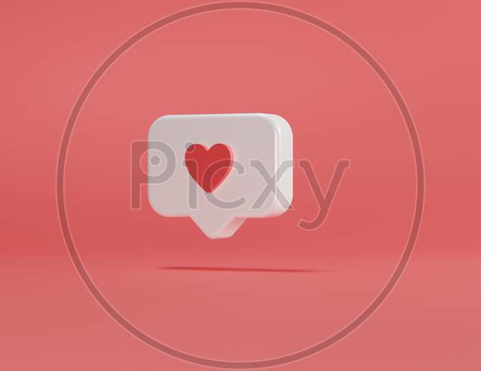 Social media notification love heart icon in white rounded square pin isolated on pink wall background with shadow simple and elegant . 3d illustration rendering modern and trendy