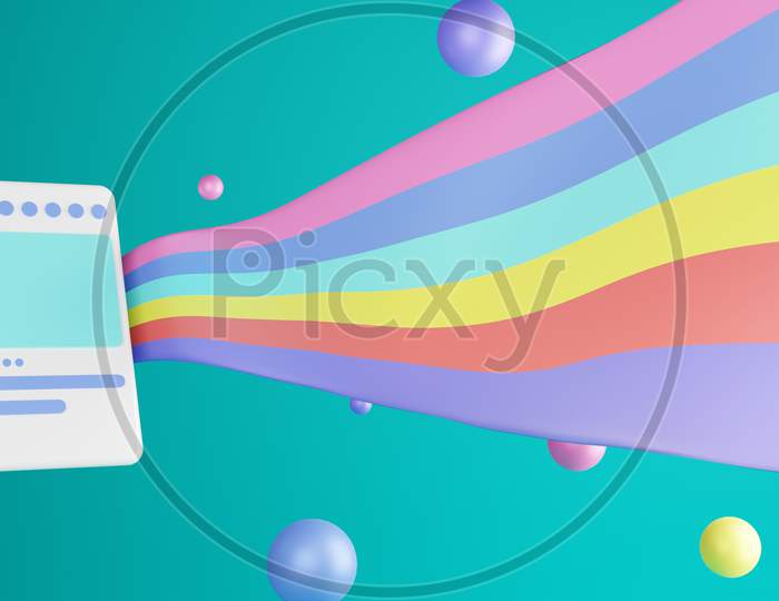 Handphone 3d illustration rendering modern and trendy with colorful balloons and flag on blue sky background