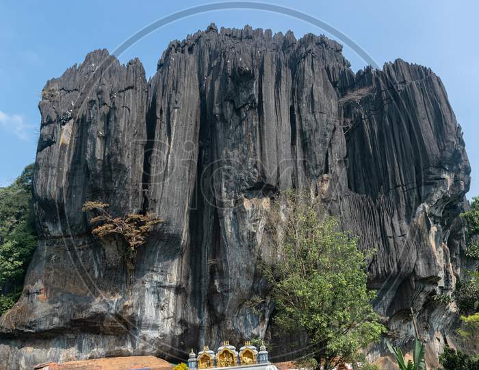 Panoramic View Of Massive And Unusual Karst Rock Outcrop Known As Bhairaveshwara Shikhara With Bhairaveshwara Temple Located In Yana, Karnataka, India