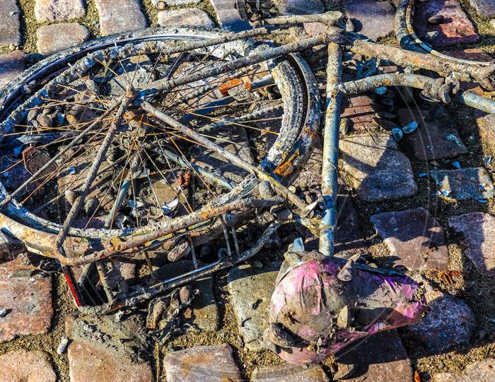 Rusty Bicycle Got Out Water From Cleaning The Port Of Kiel In Germany.