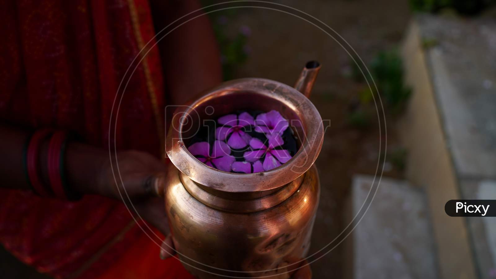 Copper Kalsh Full Of Sacred Water And Aroma Flowers. Sacred Kalash Or Mug To Worship God. Hindu Religion Concept.