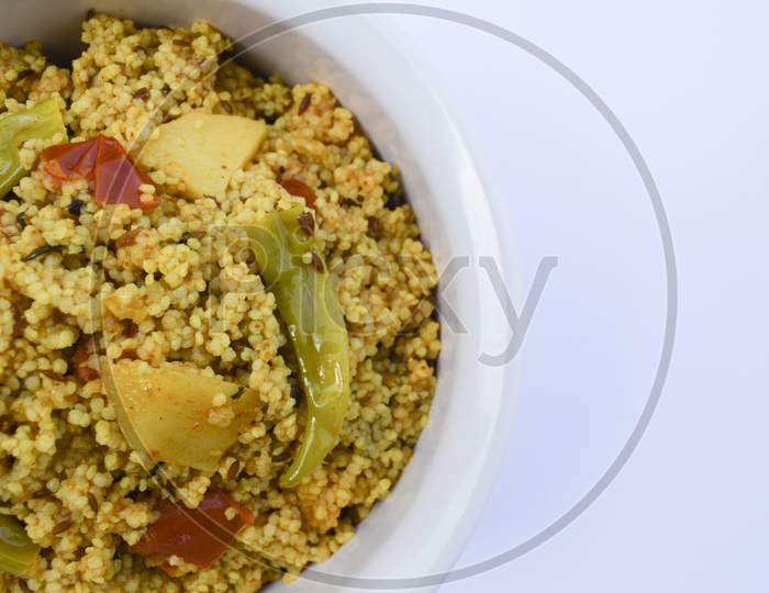 Traditional Indian Fasting Food Recipe Dish Called Bhagar Homemade Of Barnyad Millet Rice Grains. Also Known As Samo Or Sama Pulao Rice Khichdi. Closeup Of Maharastrian Gujarati Vrat Upawas Food
