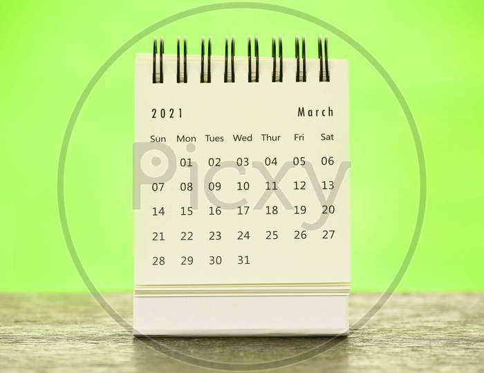 March 2021 White Calendar With Green Blurred Background - 2021 New Year Concept