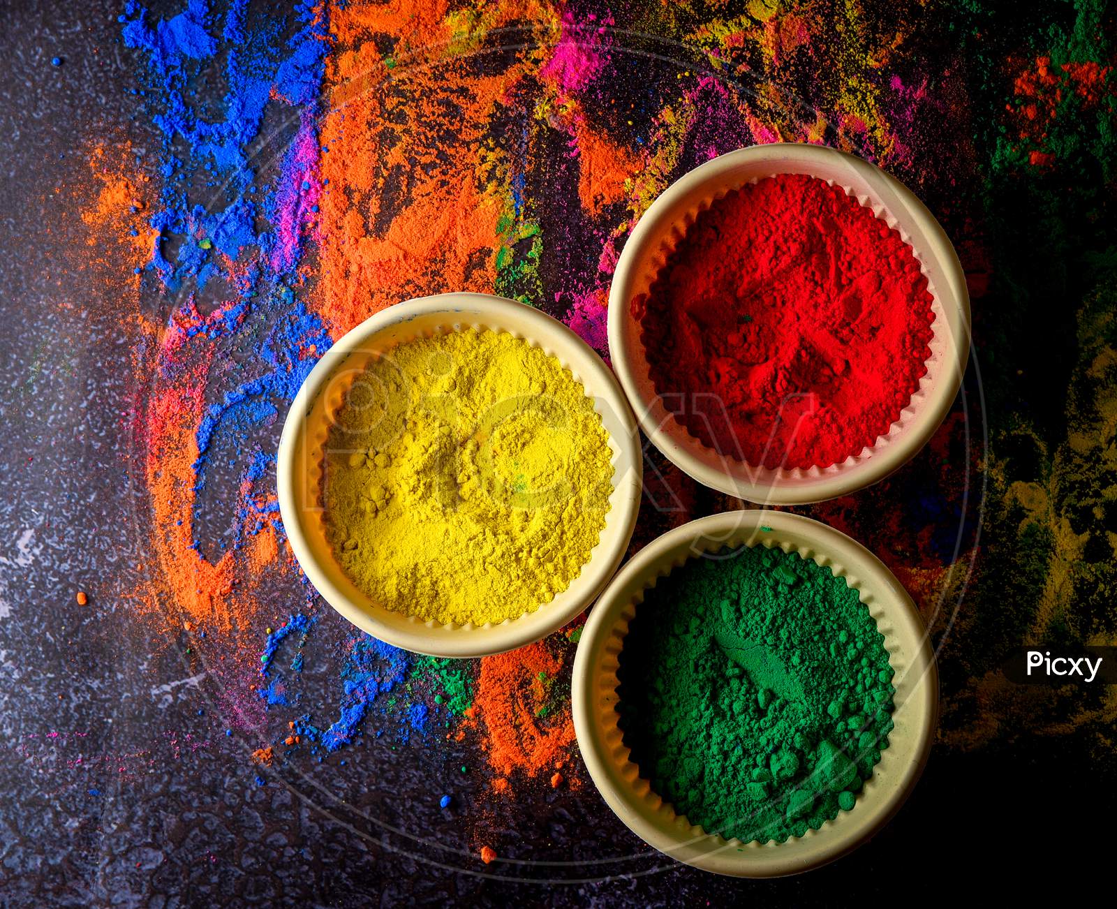 Colorful traditional holi powder in bowls. Happy holi. Concept, Holi Powder  