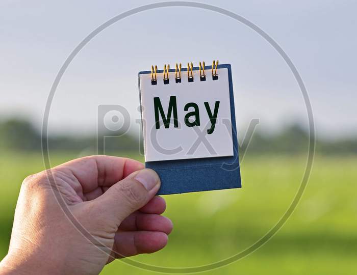 Hands Holding A Notepad With May Text Written And Blurred Green Background
