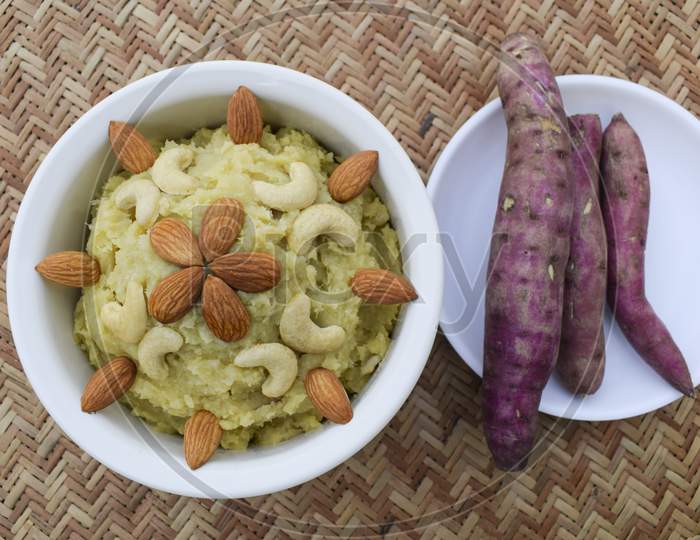 Shakarkandi Or Shakarkand A Root Vegetable Sweet Dish From Gujarat India Home Cooked During Upawas Or Vrat Ka Khana. For Mahashivratri, Ekadashi Garnished With Dryfruits Decorated. Sweetpotato Dessert