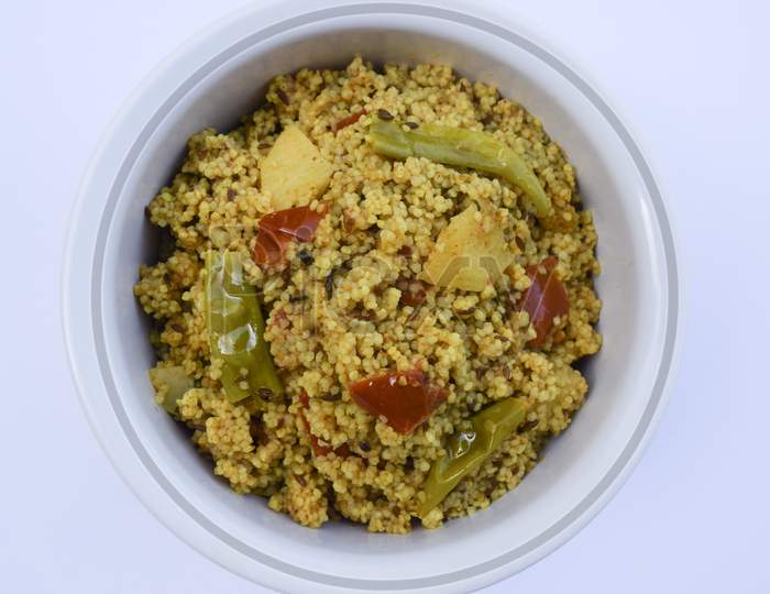 Traditional Indian Fasting Food Recipe Dish Called Bhagar Homemade Of Barnyad Millet Rice Grains. Also Known As Samo Or Sama Pulao Rice Khichdi. Closeup Of Maharastrian Gujarati Vrat Upawas Food