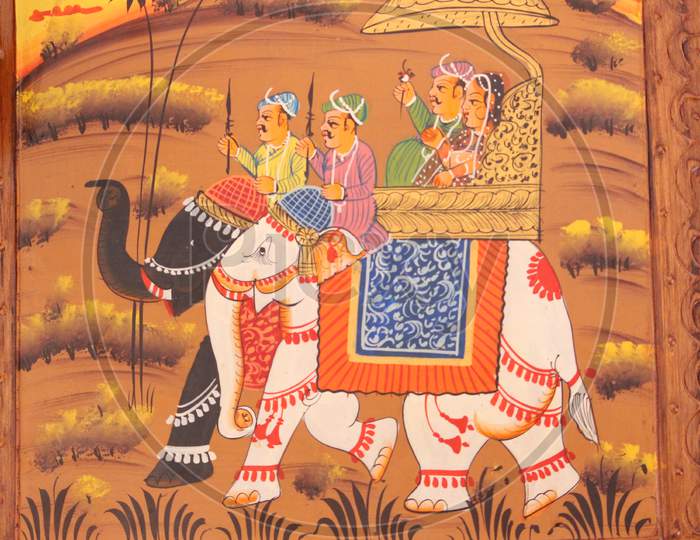 Colorful Rajput Indian Mural Painting In The Fort Of Jodhpur, Rajasthan