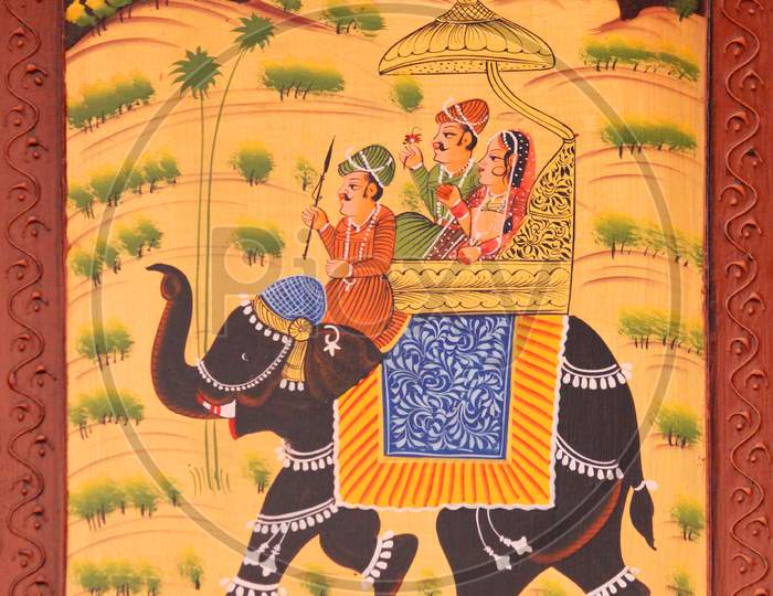 Colorful Elephant Indian Mural Painting In The Fort Of Jodhpur, Rajasthan