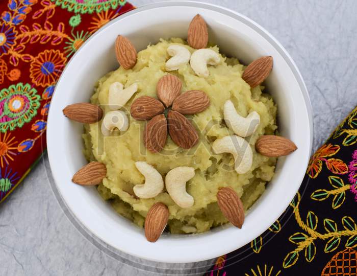 Selective Focus Of Popular Traditional Sweet Item Made Out Of Sweet Potato Shakarkand Halwa Indian Dessert Prepared During Fasting Days.