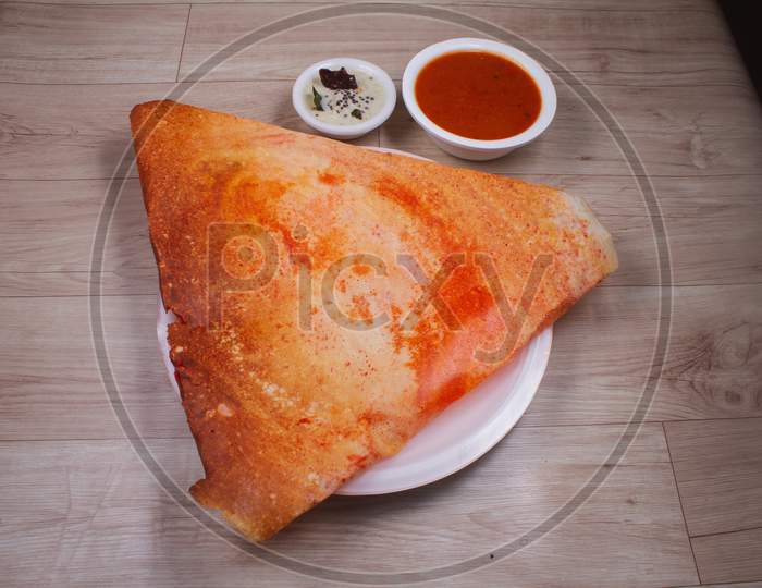 Maisoor Dosa Is A South Indian Dish That Is Served With Sambhar And Coconut Rubble. Selective Focus