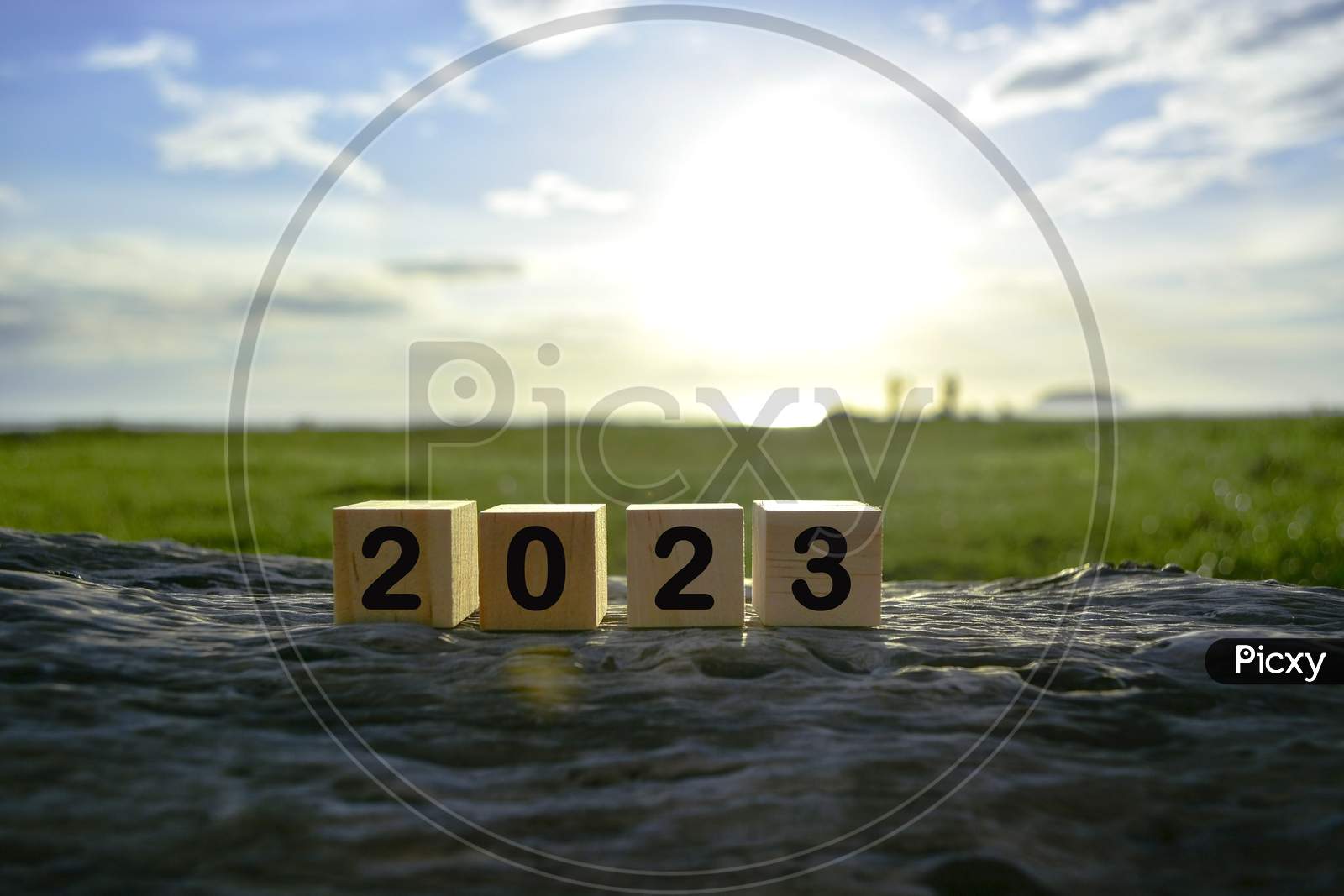 2023 Number On Wooden Cube Block On Old Tree Stump With Blurred Background Of Green Grass Ocean And Sunset
