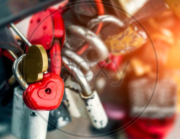 Red Locks In The Form Of A Heart. Metal Locks. A Bunch Of Locks. Heart Locks