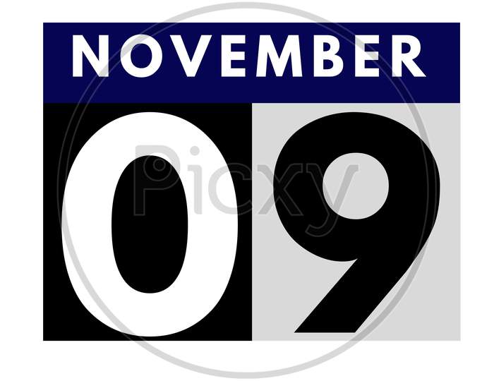 November 9 . Flat Daily Calendar Icon .Date ,Day, Month .Calendar For The Month Of November