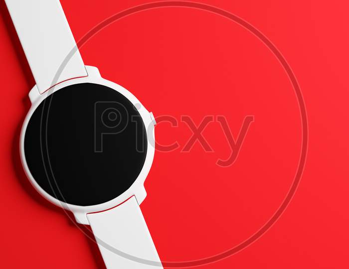3D Illustration White Wrist Watch With Round Black Dial On Red Isolated Background