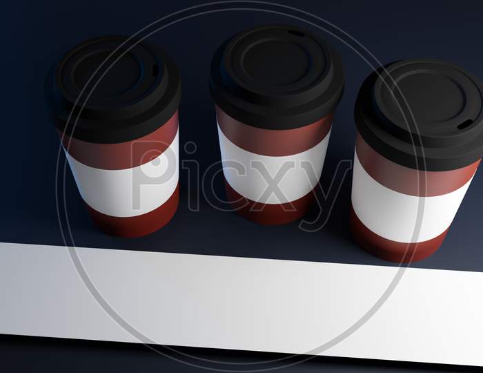 3D Illustration Of Three Coffee Cups With Plastic Lid And Holder On An Isolated Dark Background With Reflection And Shadow. Illustration Of Disposable Plastic And Paper Tableware For Hot Drinks. Mockup Template For Cafe, Restaurant Corporate Identity Design.