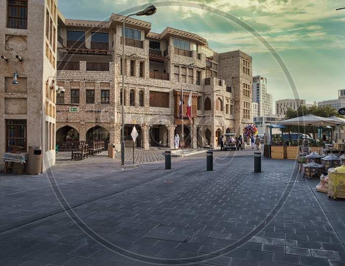 Souq waqif in Doha Qatar daylight view showing traditional Arabic architecture